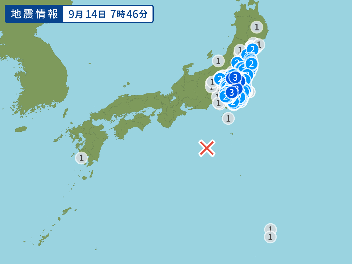 7時46分ごろ、Ｍ６．２　東海道南方沖 北緯32.2度　東経13