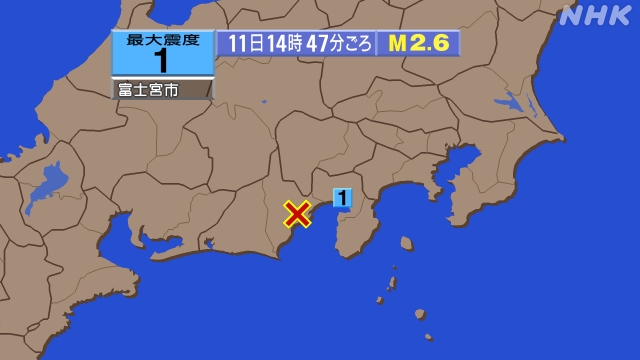 14時47分ごろ、Ｍ２．６　静岡県中部 北緯35.0度　東経13