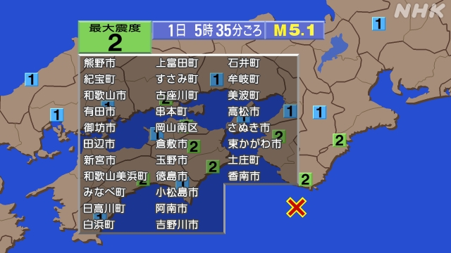 5時35分ごろ、Ｍ５．１　和歌山県南方沖 北緯33.2度　東経1