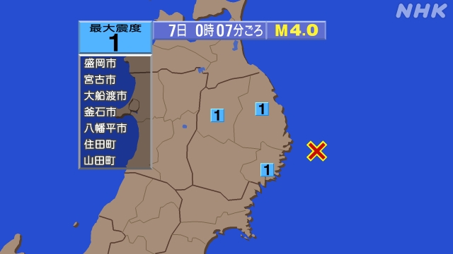 0時7分ごろ、Ｍ４．０　岩手県沖 北緯39.4度　東経142.4