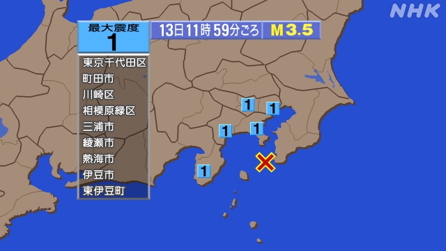 11時59分ごろ、Ｍ３．５　伊豆大島近海 北緯34.9度　東経1