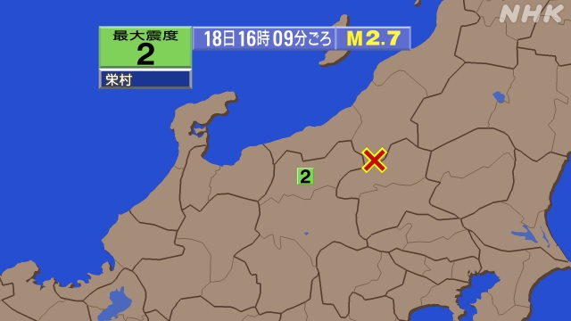 16時9分ごろ、Ｍ２．７　新潟県中越地方 北緯36.8度　東経1