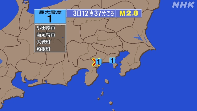 12時37分ごろ、Ｍ２．８　神奈川県西部 北緯35.3度　東経1