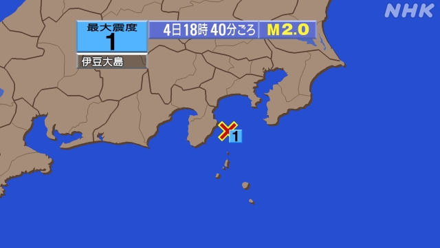 18時40分ごろ、Ｍ２．０　伊豆大島近海 北緯34.8度　東経1