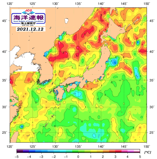 １２月１２日の、海水表面温度（平年比）、 https://www