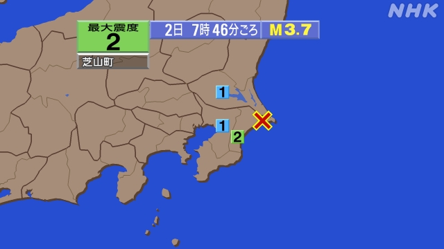 7時46分ごろ、Ｍ３．７　千葉県北東部 北緯35.7度　東経14