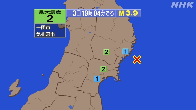 19時4分ごろ、Ｍ３．９　宮城家の期 北緯38.9度　東経142