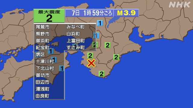 1時59分ごろ、Ｍ３．９　和歌山県南部 北緯33.9度　東経13