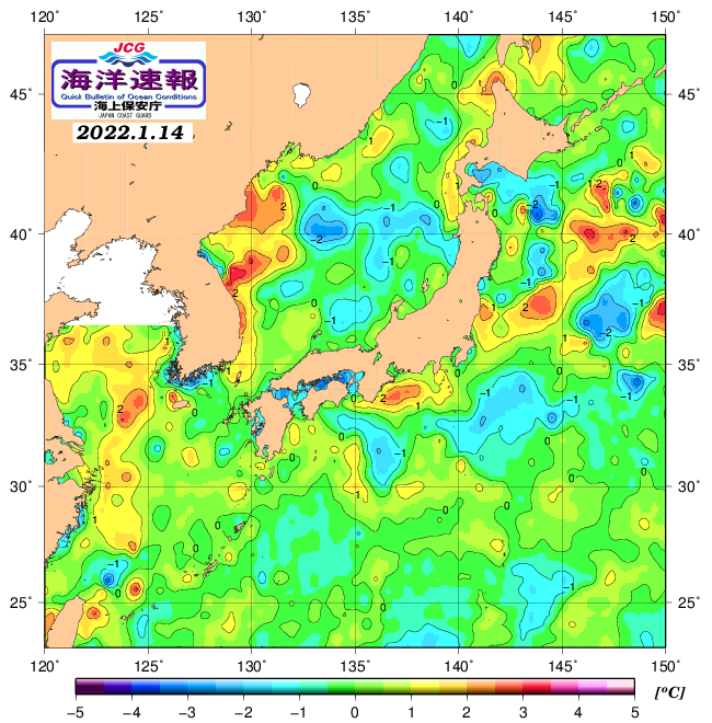 １月１４日の、海水表面温度（平年比）、 https://www1