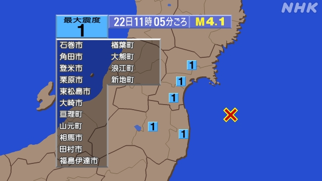 11時5分ごろ、Ｍ４．１　福島県沖 北緯37.7度　東経141.