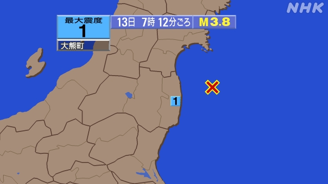 7時12分ごろ、Ｍ３．８　福島県沖 北緯37.6度　東経141.