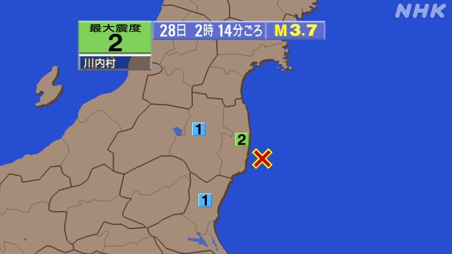 福島県沖、2時14分まで震度２が１回発生、 https://ea