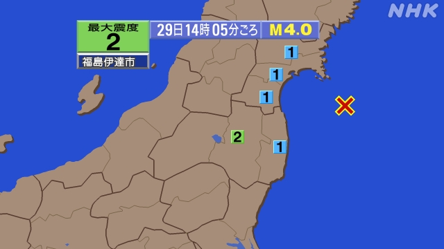 宮城県沖、14時5分まで、震度２が１回発生、 https://e