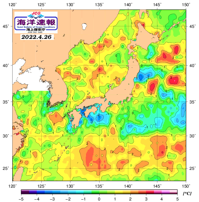 ４月２６日の、海水表面温度（平年比）、 https://www1