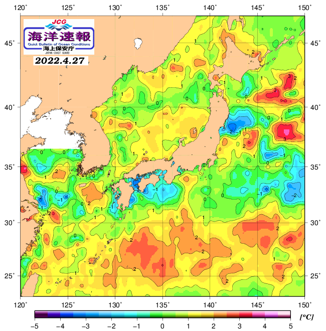 ４月２７日の、海水表面温度（平年比）、 https://www1