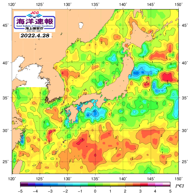 ４月２８日の、海水表面温度（平年比）、 https://www1