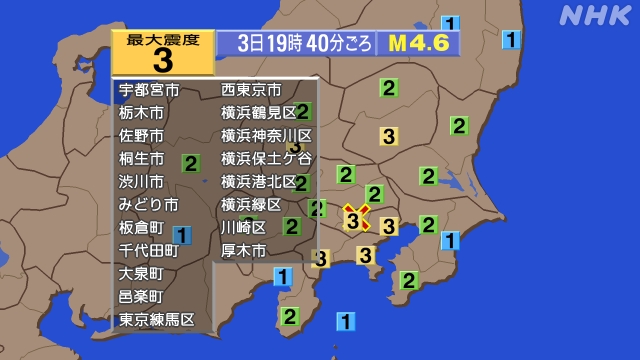 19時40分ごろ、Ｍ４．６　東京都多摩東部 北緯35.7度　東経
