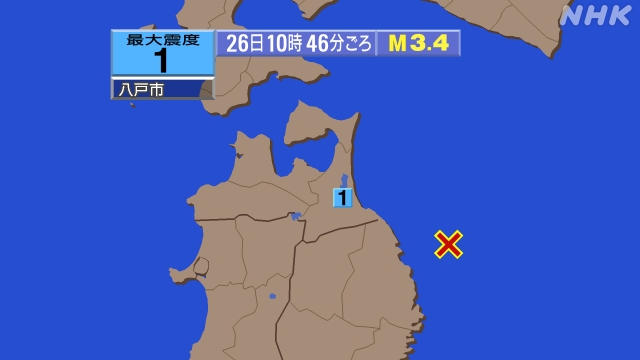 10時46分ごろ、Ｍ３．４　岩手県沖 北緯40.2度　東経142