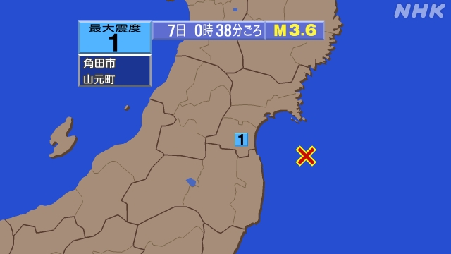 0時38分ごろ、Ｍ３．６　福島県沖 北緯37.8度　東経141.