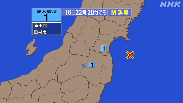 22時20分ごろ、Ｍ３．８　福島県沖 北緯37.8度　東経141
