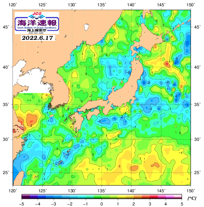 ６月１７日の、海水表面温度（平年比）、 https://www1