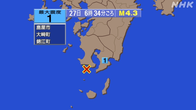 6時34分ごろ、Ｍ４．３　薩摩半島西方沖 北緯31.1度　東経1