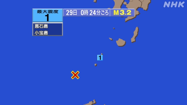0時24分ごろ、Ｍ３．２　トカラ列島近海 北緯29.3度　東経1
