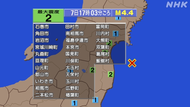 17時3分ごろ、Ｍ４．４　福島県沖 北緯37.7度　東経141.