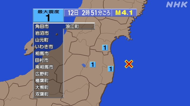 2時51分ごろ、Ｍ４．１　福島県沖 北緯37.5度　東経141.
