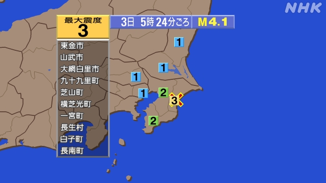 10時22分ごろ、Ｍ３．４　福島県浜通り 北緯37.2度　東経1