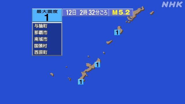 2時32分ごろ、Ｍ５．２　沖縄本島近海 北緯25.1度　東経12