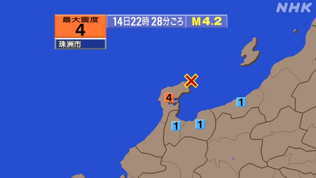 22時28分ごろ、Ｍ４．２　石川県能登地方 北緯37.5度　東経