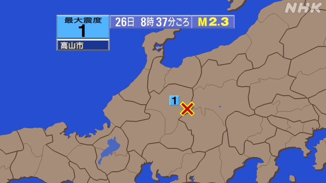 8時37分ごろ、Ｍ２．３　岐阜県飛騨地方 北緯36.0度　東経1