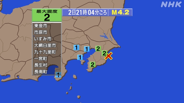 21時4分ごろ、Ｍ４．２　千葉県東方沖 北緯35.4度　東経14