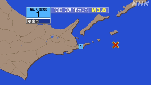 3時16分ごろ、Ｍ３．８　北海道東方沖 北緯43.3度　東経14