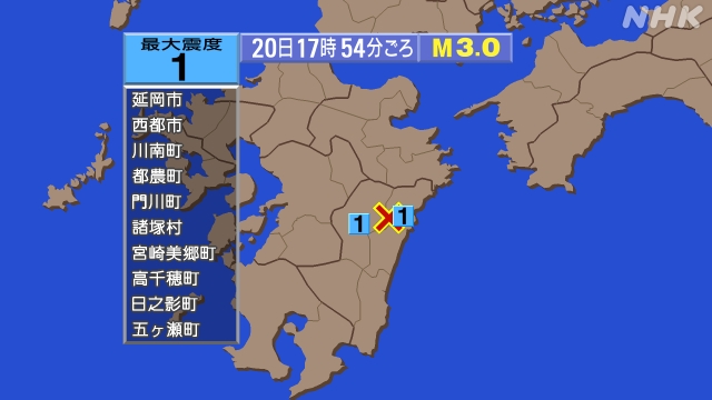 17時54分ごろ、Ｍ３．０　宮崎県北部山沿い 北緯32.5度　東