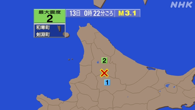 0時22分ごろ、Ｍ３．１　上川地方北部 北緯44.0度　東経14
