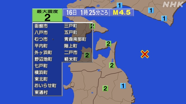 1時25分ごろ、Ｍ４．５　青森県東方沖 北緯41.0度　東経14