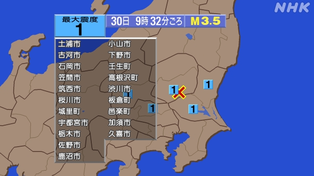 9時32分ごろ、Ｍ３．５　栃木県南部 北緯36.4度　東経139