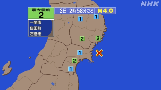 2時58分ごろ、Ｍ４．０　宮城県沖 北緯38.6度　東経141.