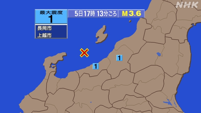 17時13分ごろ、Ｍ３．６　新潟県上中越沖 北緯37.5度　東経