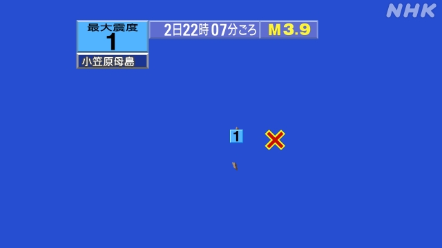 22時7分ごろ、Ｍ３．９　父島近海 北緯27.0度　東経142.
