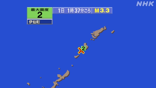 1時37分ごろ、Ｍ３．３　奄美大島近海 北緯27.6度　東経12