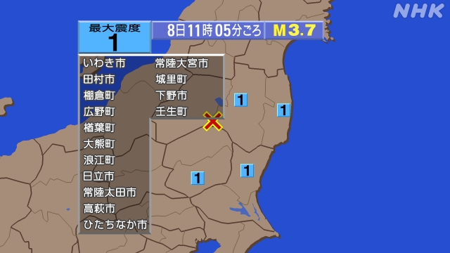 11時5分ごろ、Ｍ３．７　福島県中通り 北緯37.2度　東経14