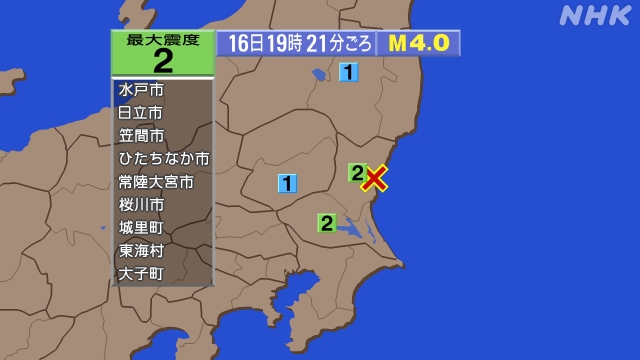 19時21分ごろ、Ｍ４．０　茨城県北部 北緯36.5度　東経14