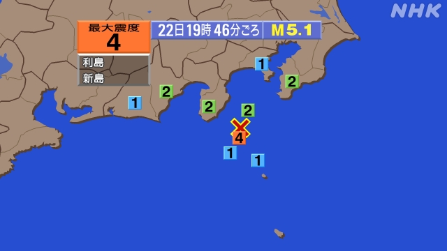 19時46分ごろ、Ｍ５．１　新島・神津島近海 北緯34.5度　東