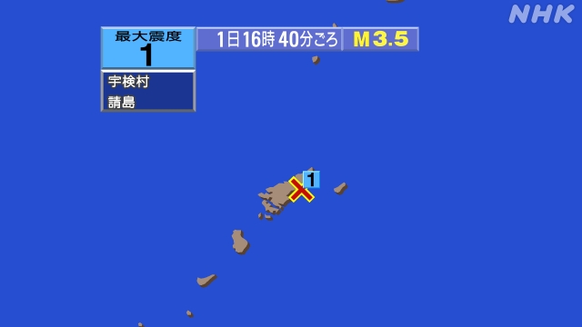 16時40分ごろ、Ｍ３．５　奄美大島近海 北緯28.3度　東経1