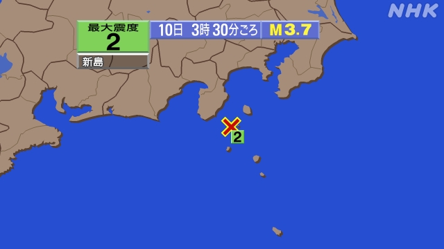 3時30分ごろ、Ｍ３．７　新島・神津島近海 北緯34.5度　東経