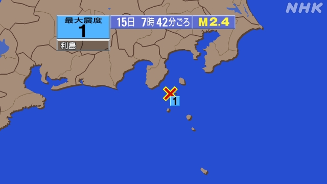 7時42分ごろ、Ｍ２．４　新島・神津島近海 北緯34.5度　東経