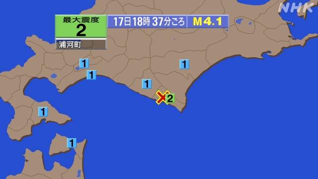 18時37分ごろ、Ｍ４．１　日高地方東部 北緯42.2度　東経1